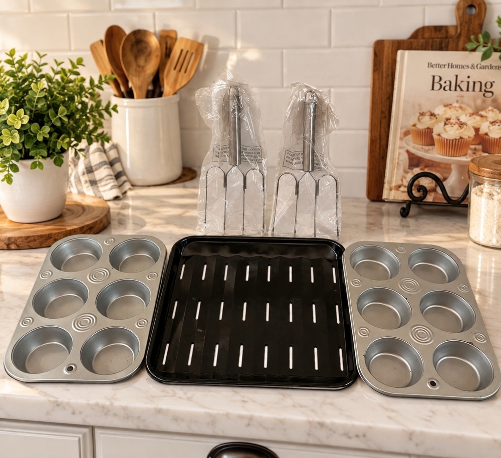 Toaster Oven Accessory Bundle Broiler Pan 2 Mini Muffin Tins Meat 2 Forks New